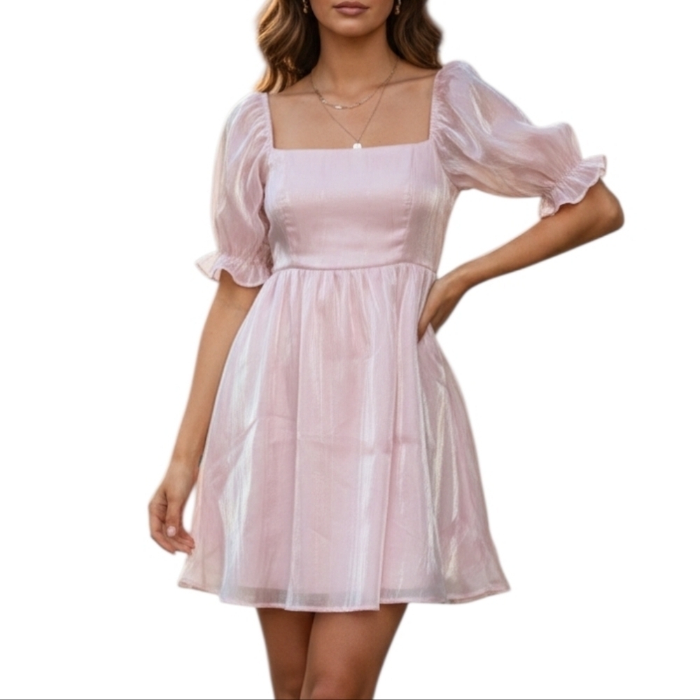 ​Thirty Thirty Pink Satin Puff Sleeve Mini Dress Coquette Babydoll XL